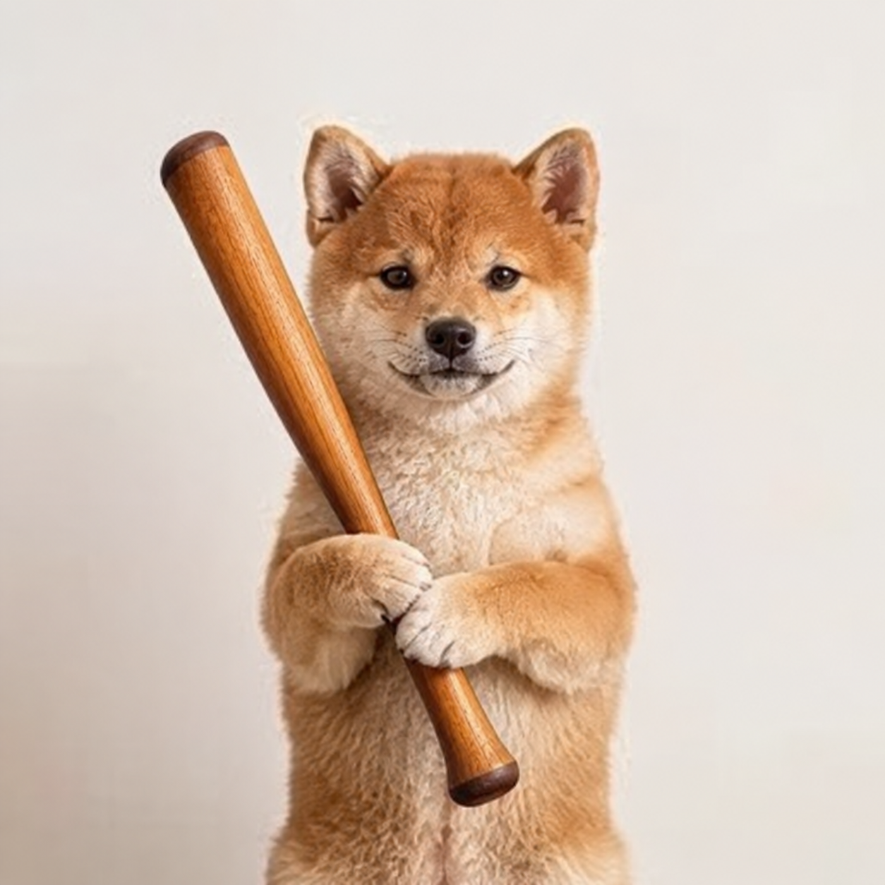Shiba Inu character holding a wooden baton
